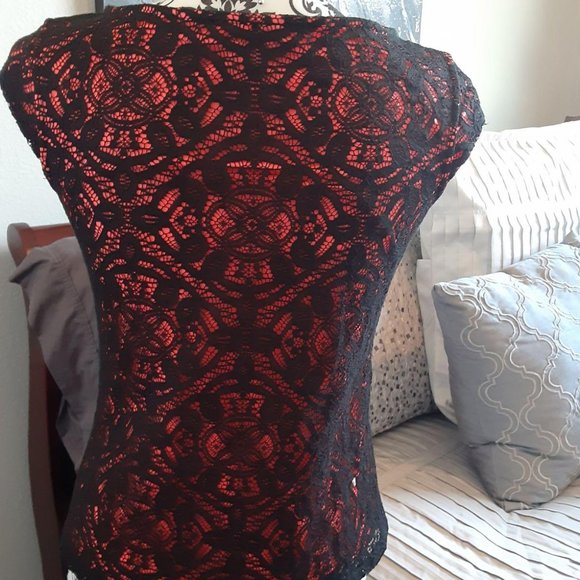 Express top Lace overlay Coral/black tight stretch top - Picture 5 of 11